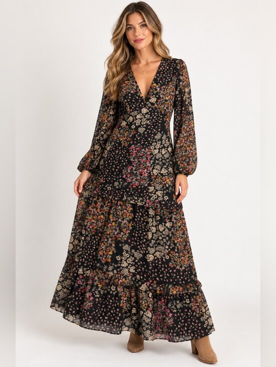 Baltic Born Dresses & Skirts - Baltic Born Bowman Deep V Floral Tiered Maxi Dress Black Multi M